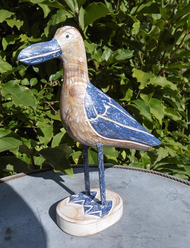 Möwe auf Fuss Holz massiv Holz Natur und blau 30 cm